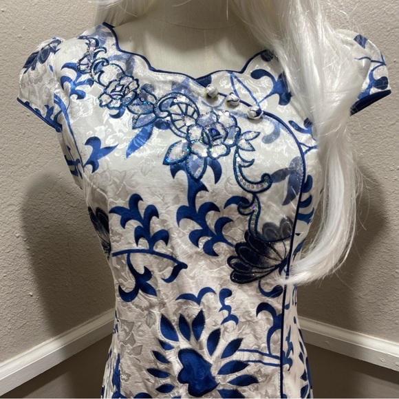 Chinese Qipao Cheongsam Floral Sequin Midi Dress Blue White Size Medium - Picture 2 of 10